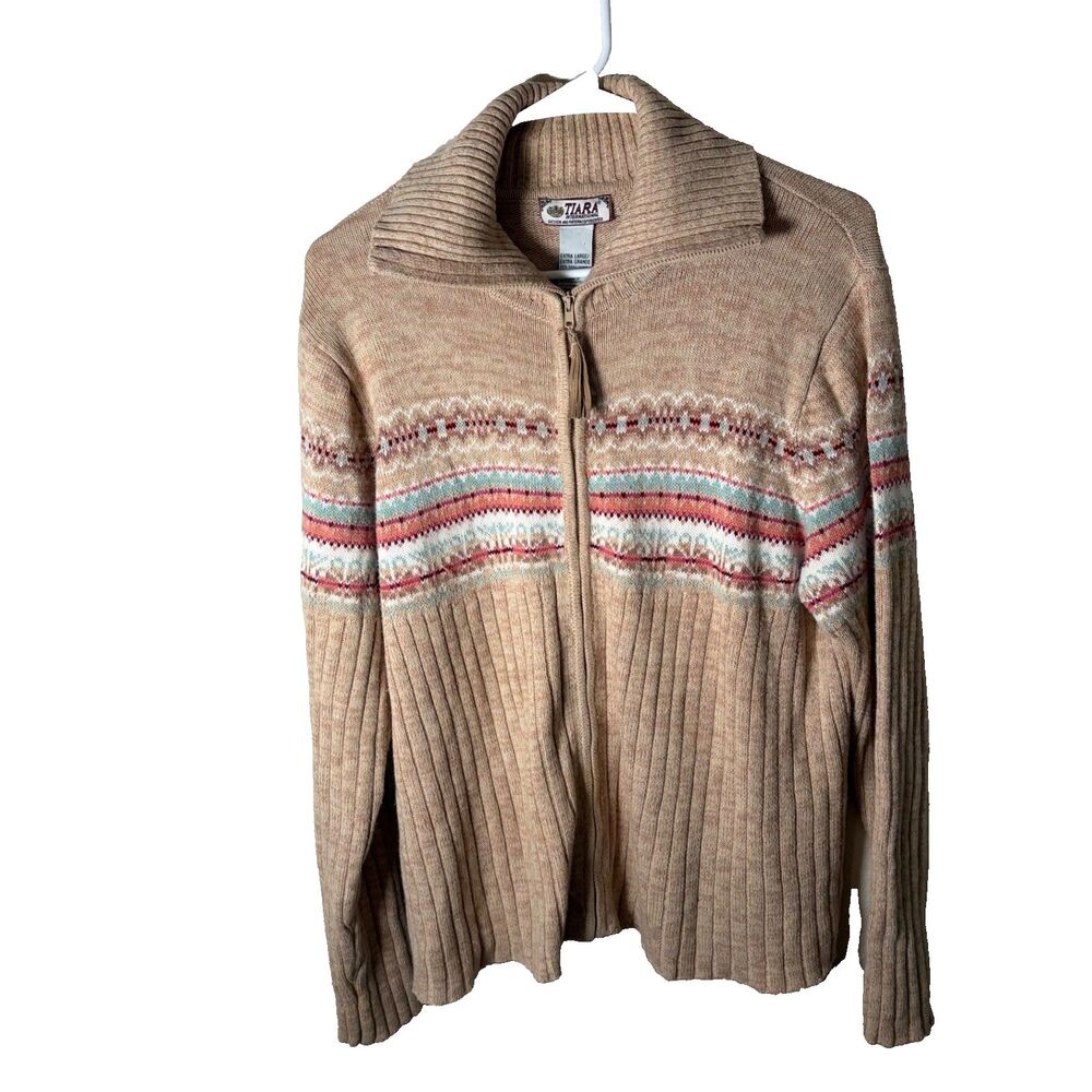 Tiara International Sweater Women's XL Brown Ramie Cotton Full Zip Colorful Knit